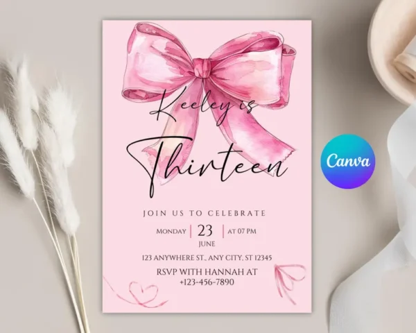 Pink Bow Coquette Bow Birthday Invitation